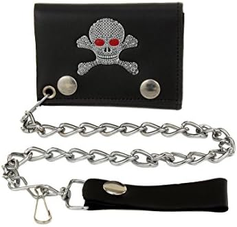 Mens USA Trucker Biker Black Leather Trifold Chain Wallet Skull & Crossbones