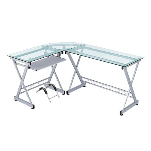 Techni Mobili L-Shaped Computer Desk and Workstation, Clear and Silver