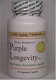 Anti-Aging Naturals: EXTRA STRENGTH PURPLE LONGEVITY(TM), w/ Anti-Aging Resveratrol Extract (550mg), & Grape Seed Extract (350mg). Red Wine Polyphenols, Pine Bark Extract! 60 vegetarian capsules. 3 BOTTLES FOR EXTRA SAVINGS (only $30.95 per bottle!)