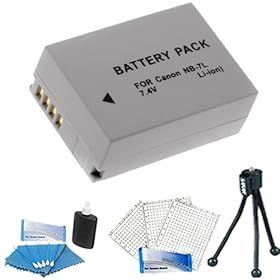 NB-7L Equivalent Replacement Battery (Generic) + Cleaning Kit + Screen Protector (3Pack) + Mini Tripod For Canon Powershot G12 Digital Camera