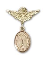 Gold Filled Baby Badge with Our Lady of All Nations Charm and Angel with Wings Badge Pin