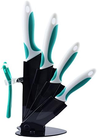 MYVIT Ceramic Knives Black Blade with Sheaths 5 Pieces with Color Handle 3 Inch 4 Inch 5 Inch 6 Inch Ceramic Knife and Peeler and Holder (Aqua &amp; White)