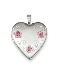 Sterling Silver 20mm Satin D/C & Enameled Flower Heart Locket. Metal Wt- 3.4g