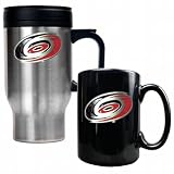 NHL Carolina Hurricanes Stainless Steel Travel Mug and Black Ceramic Mug Set (Primary Logo)