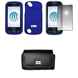 EMPIRE Black Leather Case Pouch with Belt Clip and Belt Loops + Blue Rubberized Snap-On Cover Case + Mirror Screen Protector for AT&T Pantech Laser P9050