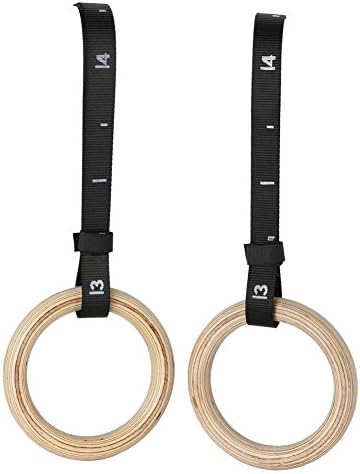 Icevolcano Upgraded STRONGEST High Density Gym Wood Olympic Gymnastic Rings,Diameter 33MM,Straps With Numbers, Quick-lock Buckles, Max 500KG For Upper Body Strength FitnessXzone Bodyweight Excercising Suspension Training (Wood/Diameter 33MM)