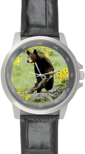 Bear Background Printed High-grade Alloy Watch with Black Leather Watchband