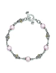 Sterling Silver with 14k Gold 9-10mm Freshwater Cult Pink Pearl 7.5in Bracelet - Antique Boutique - Vintage Style - Jewelry