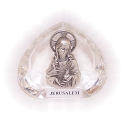 Sacred Heart of Jesus Pewter table stand on transparent pressed Glass (7cm or 2.8 iinches high).
