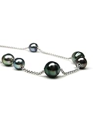 HinsonGayle Handpicked "Sliding" Multicolored Peacock Cultured Tahitian Baroque Pearl Tin Cup Necklace (Solid Sterling Silver, 17")