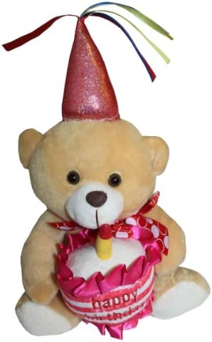Pink and Light Brown Happy Birthday Bear - Birthday Tune and a Candle That Lights Up With Multicolor Hat & Ribbon - Great Birthday Gift Idea Pink Birthday Bear with Birthday Hat