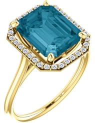 18K Yellow Gold 10.00x8.00mm Emerald Cut London Blue Topaz and Diamond Halo-Style Ring -- LIFETIME WARRANTY