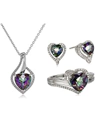 Sterling Silver Heart Mystic Topaz and Diamond Ring Pendant Necklace and Earrings Box Set, Size 7