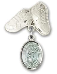 Sterling Silver Baby Badge with Blue St. Christopher Charm and Baby Boots Pin