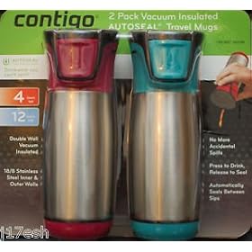 2 Pack Vacuum Insulated Contigo AUTOSEAL Stainless Steel Travel Mugs - 1 x RASBERRY and 1 x AQUA - Non Spill Mugs - Textured Soft Grip with Non Skid Base fits Car Cup Holders.