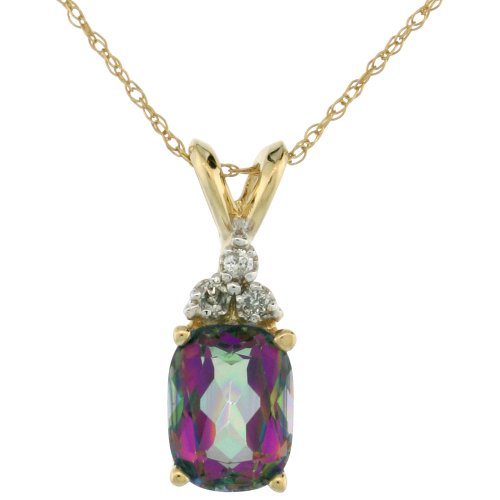 14k Gold 18 in. Thin Chain & 5/8 in. (16mm) Rabbit Bale Stone Pendant, w/ Brilliant Cut Diamonds & Checkerboard Cut (8x6mm) Mystic Fire Topaz Stone