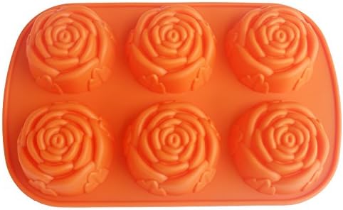 WBSEos 6 Cavity Rose Shape Silicone Mold for Candy,Ice,Soap,Cupcake,Bread, Cube DIY Baking Trays Chocolate Jelly Pan (ROSE(Orange))