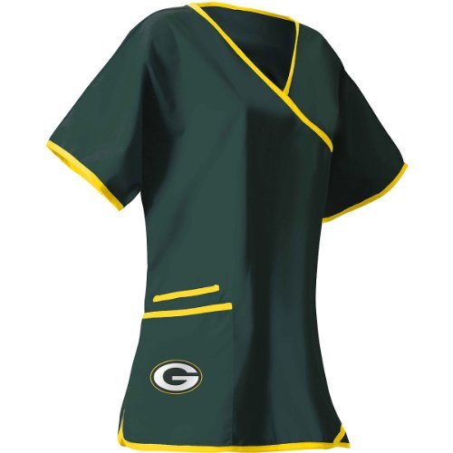 Nfl Green Bay Packers Mock Wrap Scrub Solid Top