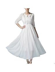 Round Neck Elbow Length Sleeves Embroidered Cotton/Polyester Maxi Dress 