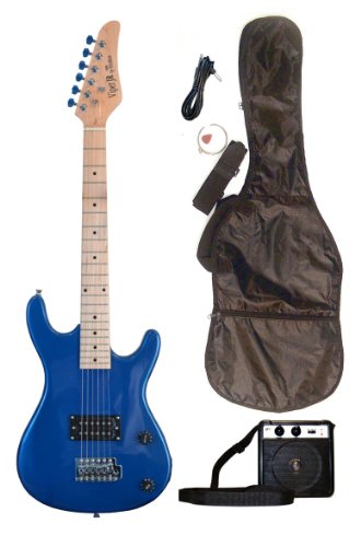 Blue Junior Kids Mini 3/4 Electric Guitar Amp Starter Pack (Guitar, Temolo, Amplifier, Gig Bag, Strap, Cable, eBook, Free Mini Rubber Guitar & Pick)