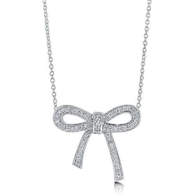 Sterling Silver Necklace Cubic Zirconia CZ Bow Tie Ribbon Pendant - Ideal Gift For Mother Day, Anniversary, Engagement, Wedding, Birthday, For Her