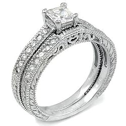 Sterling Silver Cubic Zirconia CZ Wedding Engagement Ring Set Sz 8