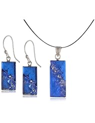 Sterling Silver Dichroic Glass Blue with Clear Glass Sprinkles Rectangular Pendant Necklace and Earrings Set, 18"