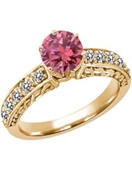 1.05 Ct Round Pink and White Diamond 18K Yellow Gold Ring