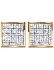 14k White and Yellow Two 2 Tone Gold Micro Pave Set Round Diamond Earrings Square Princess Shape - 14mm Height * 14mm Width (.96 cttw)