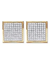 10k White and Yellow Two 2 Tone Gold Micro Pave Set Round Diamond Earrings Square Princess Shape - 14mm Height * 14mm Width (.96 cttw)