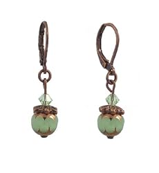 Earrings - E261 - Copper Plated Round Milk Glass and Swarovski (tm) Crystal Beads ~ Jade Green