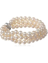 Sterling Silver 3-Row White A Grade 7.5-8mm Freshwater Cultured Pearl Bracelet, 8"