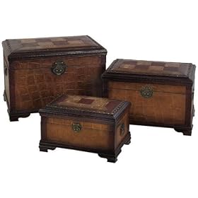 Set 3 Classic Patchwork Leather N Wood Chest Trunks