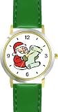 Santa Claus with List Christmas Theme - WATCHBUDDY&reg; DELUXE TWO-TONE THEME WATCH - Arabic Numbers - Green Leather Strap-Size-Large ( Men's Size or Jumbo Women's Size )