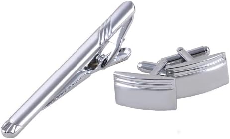 GoodBZ Men's Rhodium Plated Brushed Silver Toned Cufflinks &amp; Necktie Tie Clip Bar Set