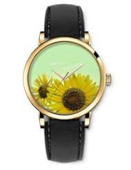 SPRAWL Aanalog Fashion Series Gold Ladies Watches of Genuine Black Leather Strap,Unique Wrist Watch for Women Girls Designed with yellow sunflowers