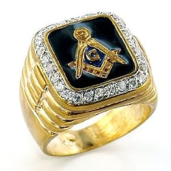Masonic Ring - Black Background - CZ Crystal - Sizes 8-13