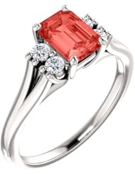 10K White Gold 7.00x5.00mm Emerald Cut Chatham Created Padparadscha Sapphire and Diamond Ring -- LIFETIME WARRANTY