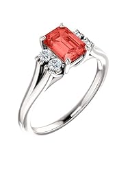 14K White Gold 7.00x5.00mm Emerald Cut Chatham Created Padparadscha Sapphire and Diamond Ring -- LIFETIME WARRANTY