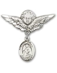Sterling Silver Baby Badge with St. Agnes of Rome Charm and Angel with Wings Badge Pin