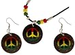 Rasta Peace Sign Earrings Necklace Set- Round Coconut 1 Inch Diameter