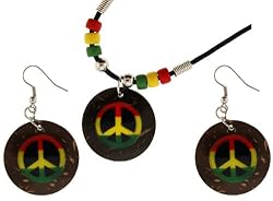 Rasta Peace Sign Earrings Necklace Set- Round Coconut 1 Inch Diameter