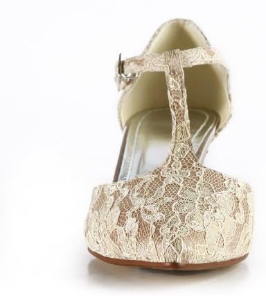 TDA TH12105 Womens Low Heel Gold Lace Fashion Evening Parting Bridal Wedding Dress T-strap Pumps 6 M us