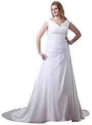 Plus Size A-line V-neck Natural   Waistline Beaded Crystal Chiffon Wedding Dress  with a Court Train 
