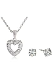 Sterling Silver Cubic Zirconia Open Heart Pendant Necklace and Earrings Jewelry Set