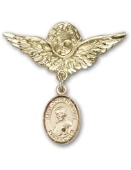 14K Gold Baby Badge with St. John Neumann Charm and Angel with Wings Badge Pin