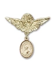 Gold Filled Baby Badge with St. John Neumann Charm and Angel with Wings Badge Pin