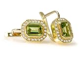 18K Yellolw Gold Earrings with European Leverback, Enhanced with Peridot and surrounded by Diamond Accents