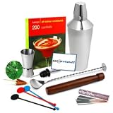 Drinkstuff Cocktail Set with Cocktail Shaker with Built-in Strainer, Cocktail Book, Mixing Spoon, Jigger Measure, Pourer, Muddler, 25 x Swizzle Stick Disc Stirrers, 24 x Foil Cocktail Umbrellas & 10 x Indoor Sparklers | BAR@drinkstuff Cocktail Making