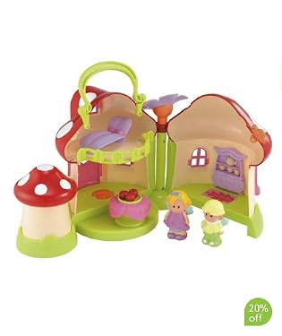 With a carry handle to take your fairy toadstool on your next fairytale adventure.  Includes:  fairy toadstool cottage  2 fairies  1 fairy bed  1 petal table  Suitable for ages 1 - 4yrs